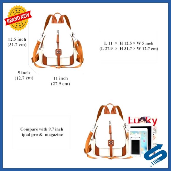 Genuine Leather Convertible Backpack Shoulder Bag with Buckle Flap